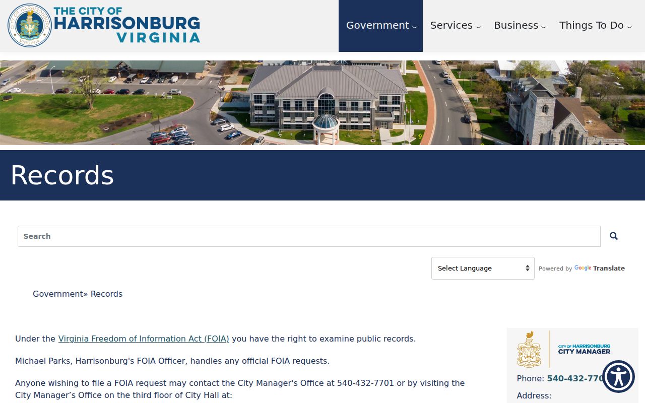 Harrisonburg City criminal records FOIA request channels