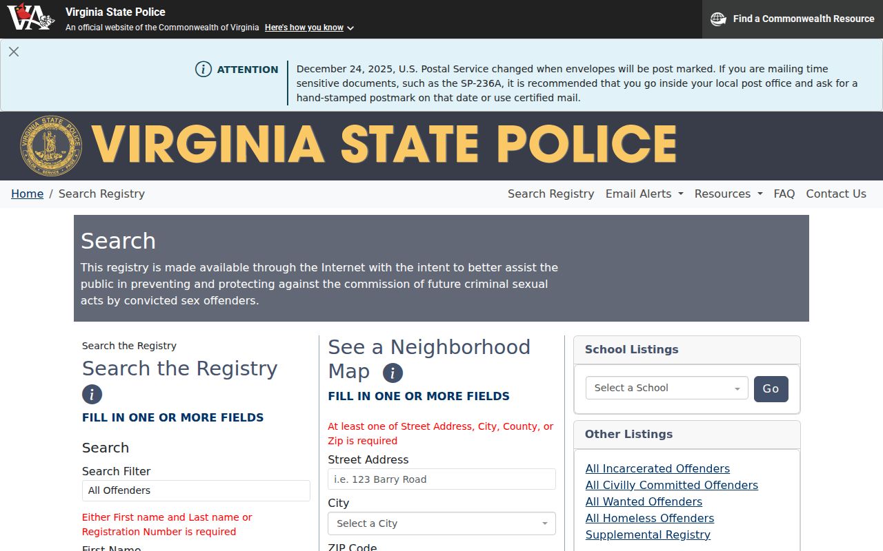 Harrisonburg City sex offender search fields on the Virginia registry